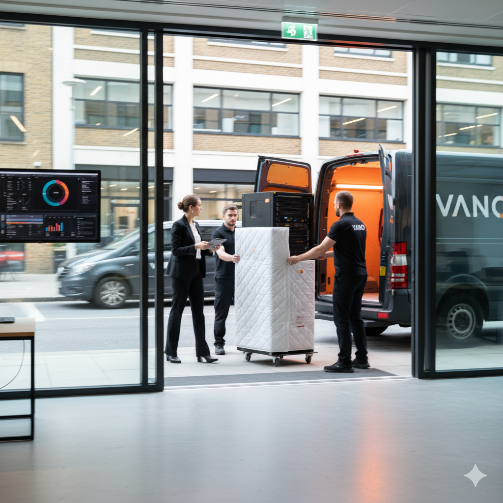 Office team packing equipment during a relocation