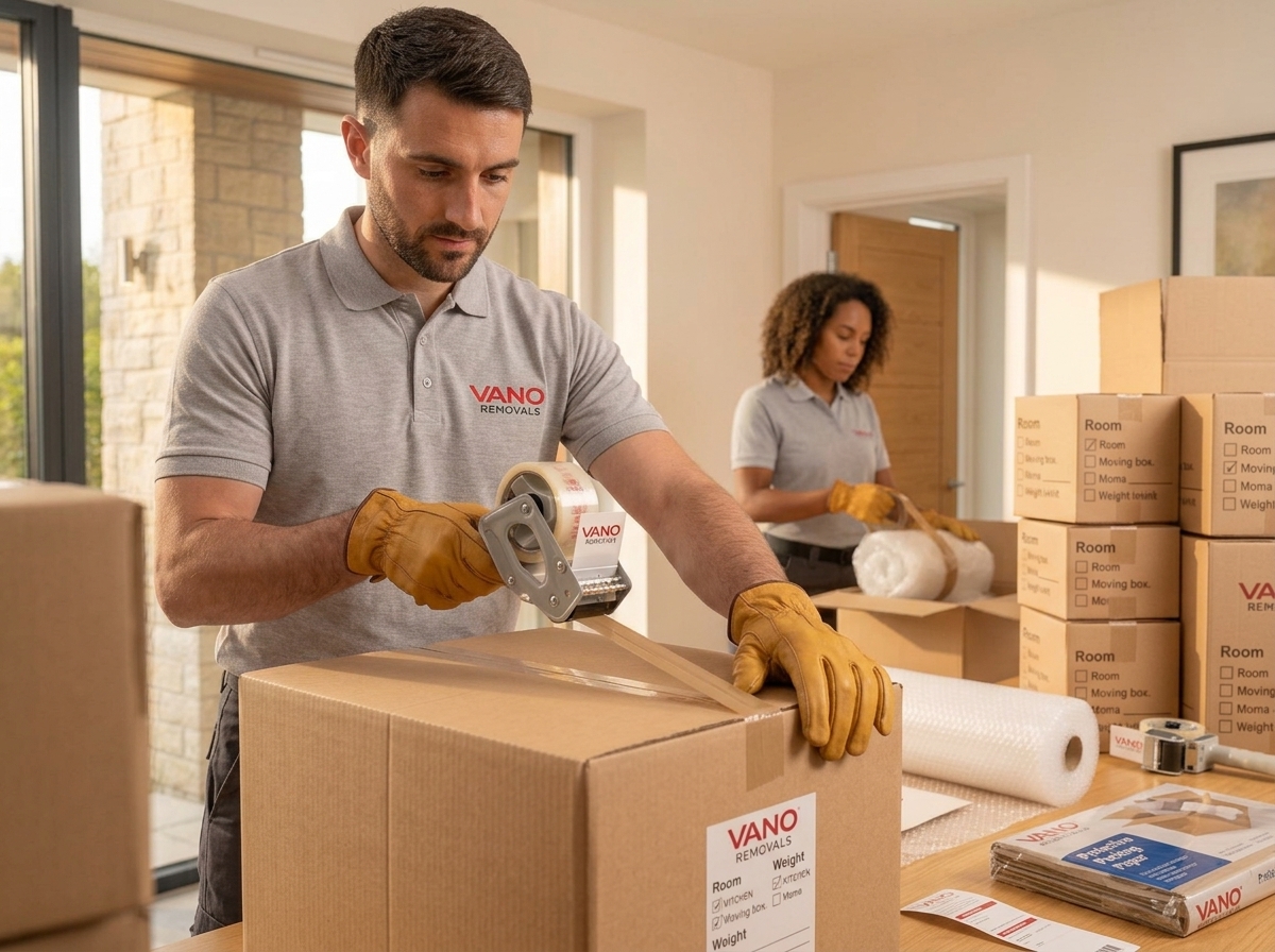 Labelled packing boxes stacked per room