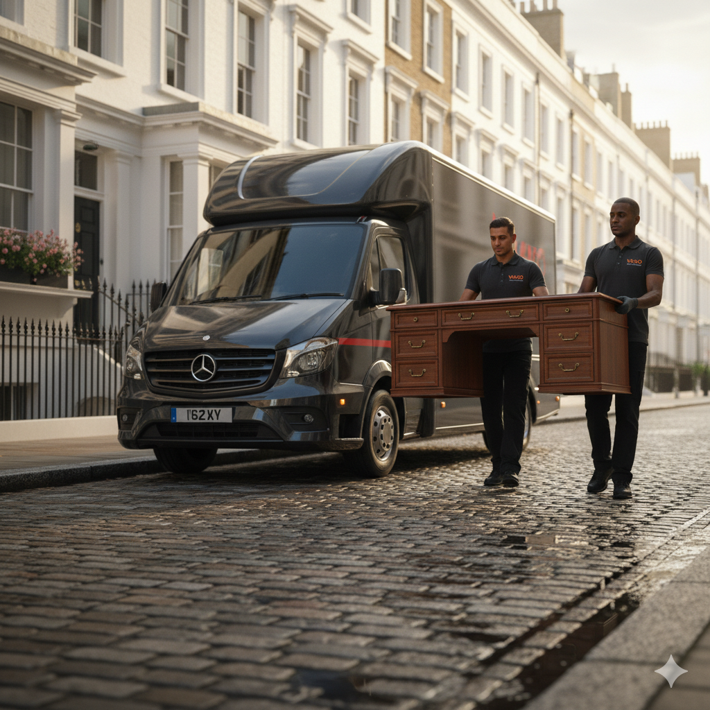View of London skyline with a removal van in the foreground